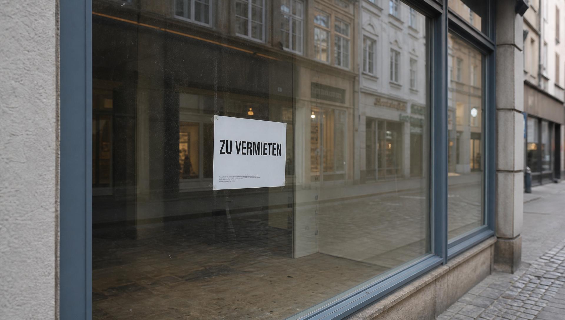Leerstehendes Ladenlokal mit ZU VERMIETEN Schild im Schaufenster in einer deutschen Einkaufsstraße